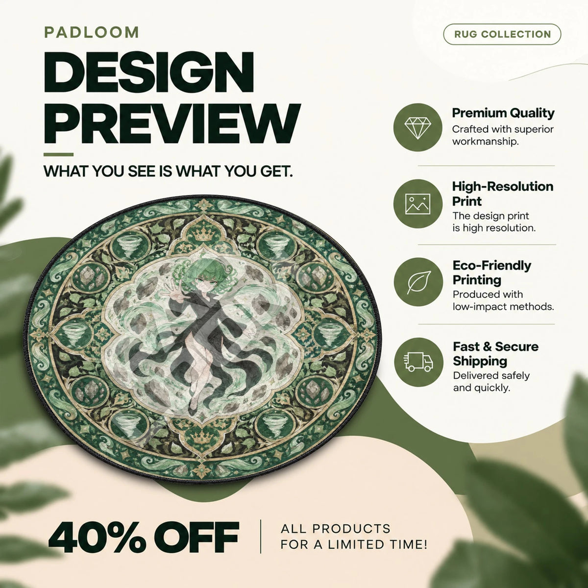 Tatsumaki Floating One Punch Man round rug full design preview