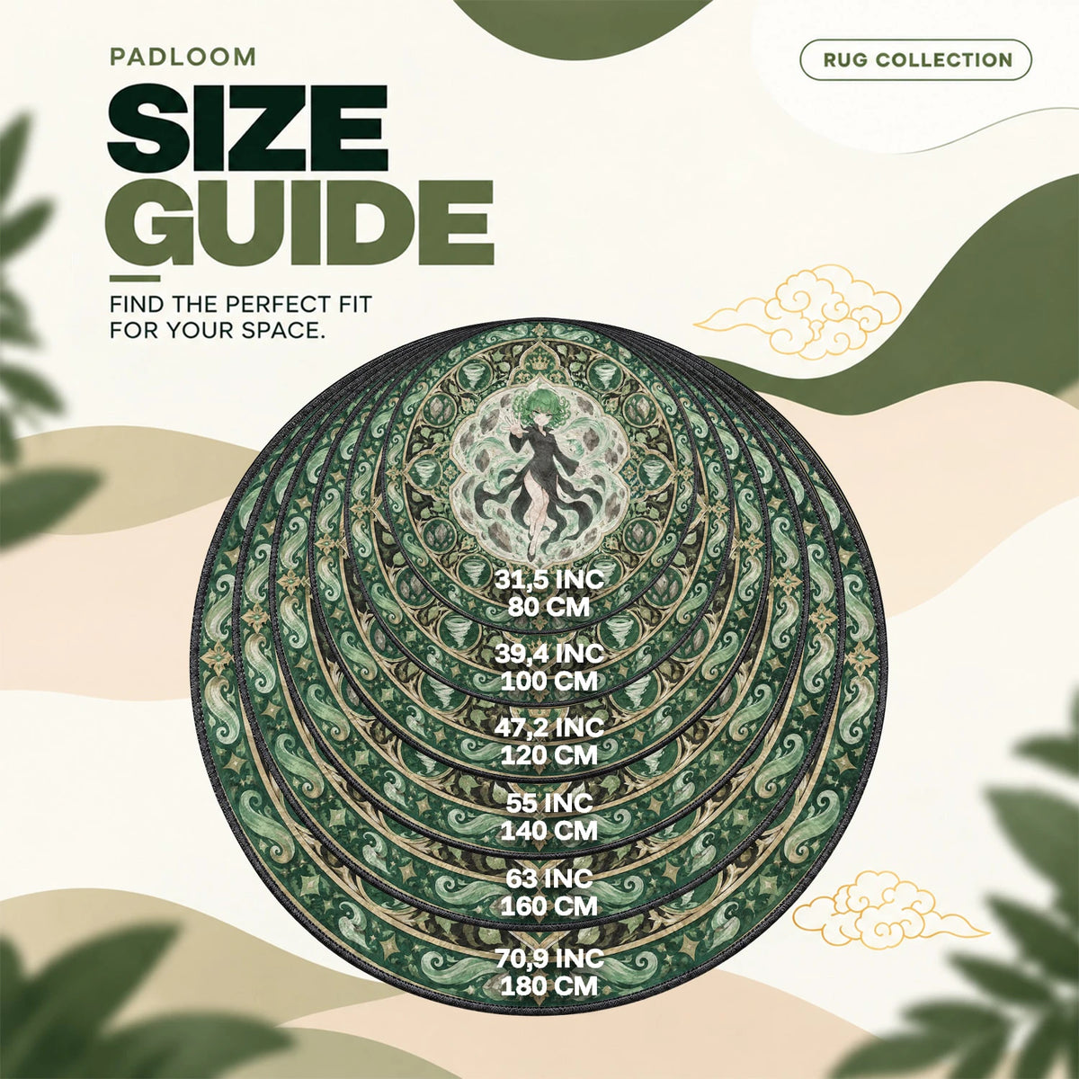 Tatsumaki Floating round rug size guide, 80 to 180 cm (31.5 to 70.9 in)