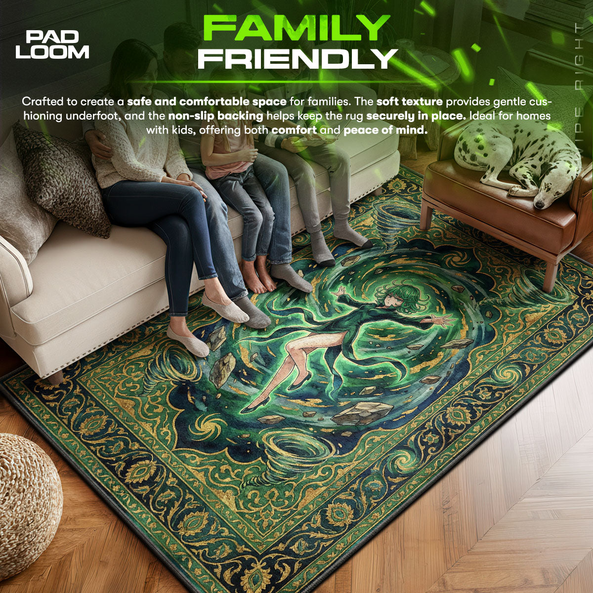 Tatsumaki area rug showing full home decor artwork