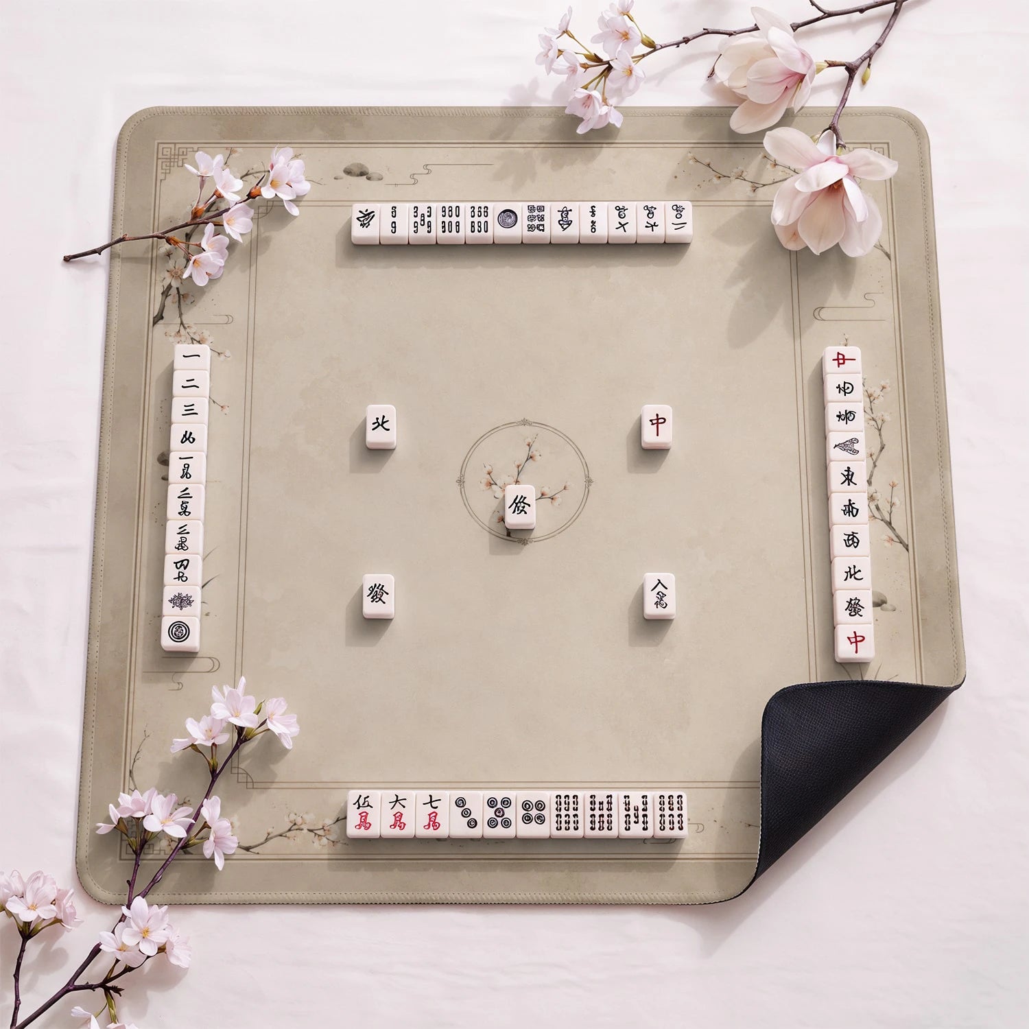 Taupe Chinoiserie Blossom Mahjong Mat - Mahjong