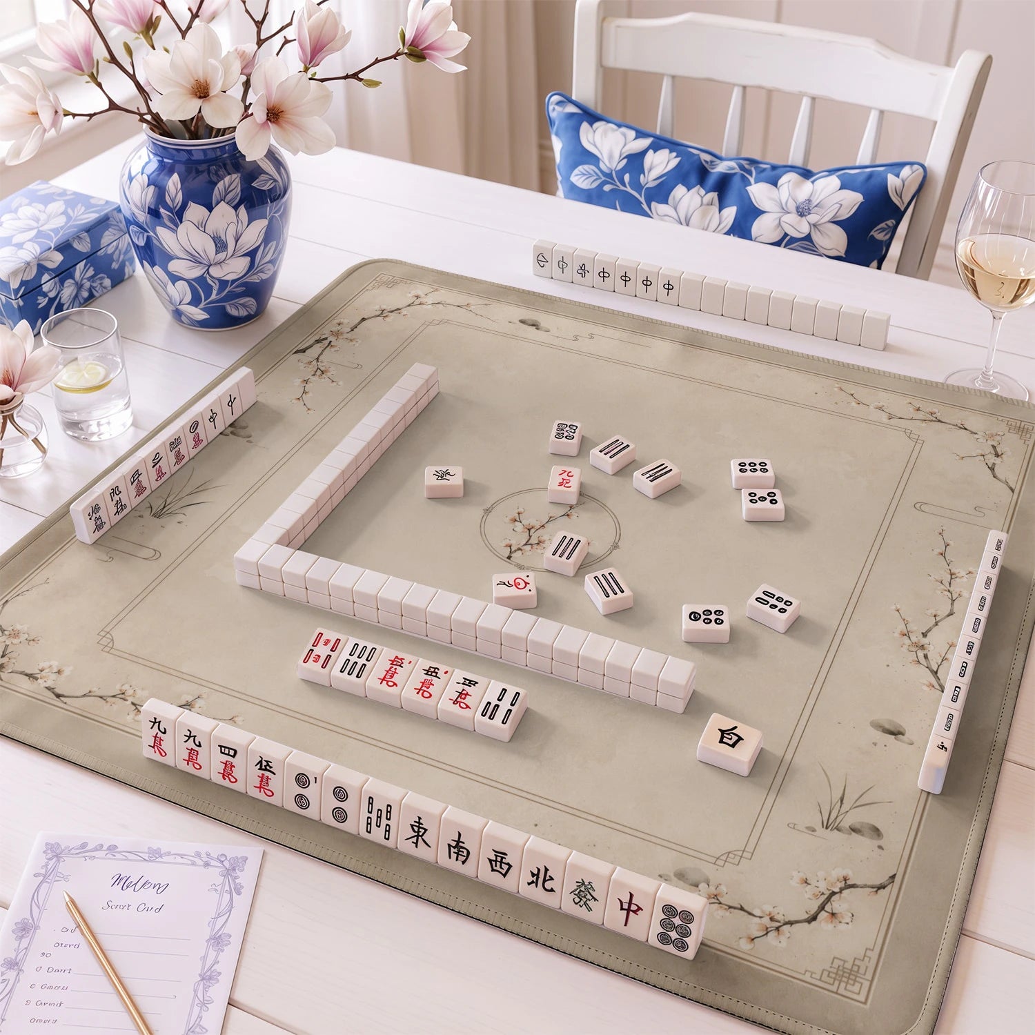 Taupe Chinoiserie Blossom Mahjong Mat - Mahjong