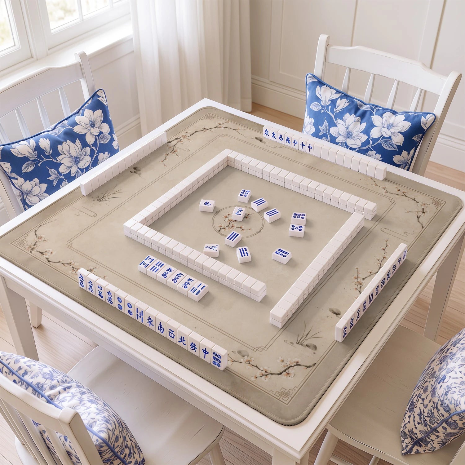 Taupe Chinoiserie Blossom Mahjong Mat - Mahjong
