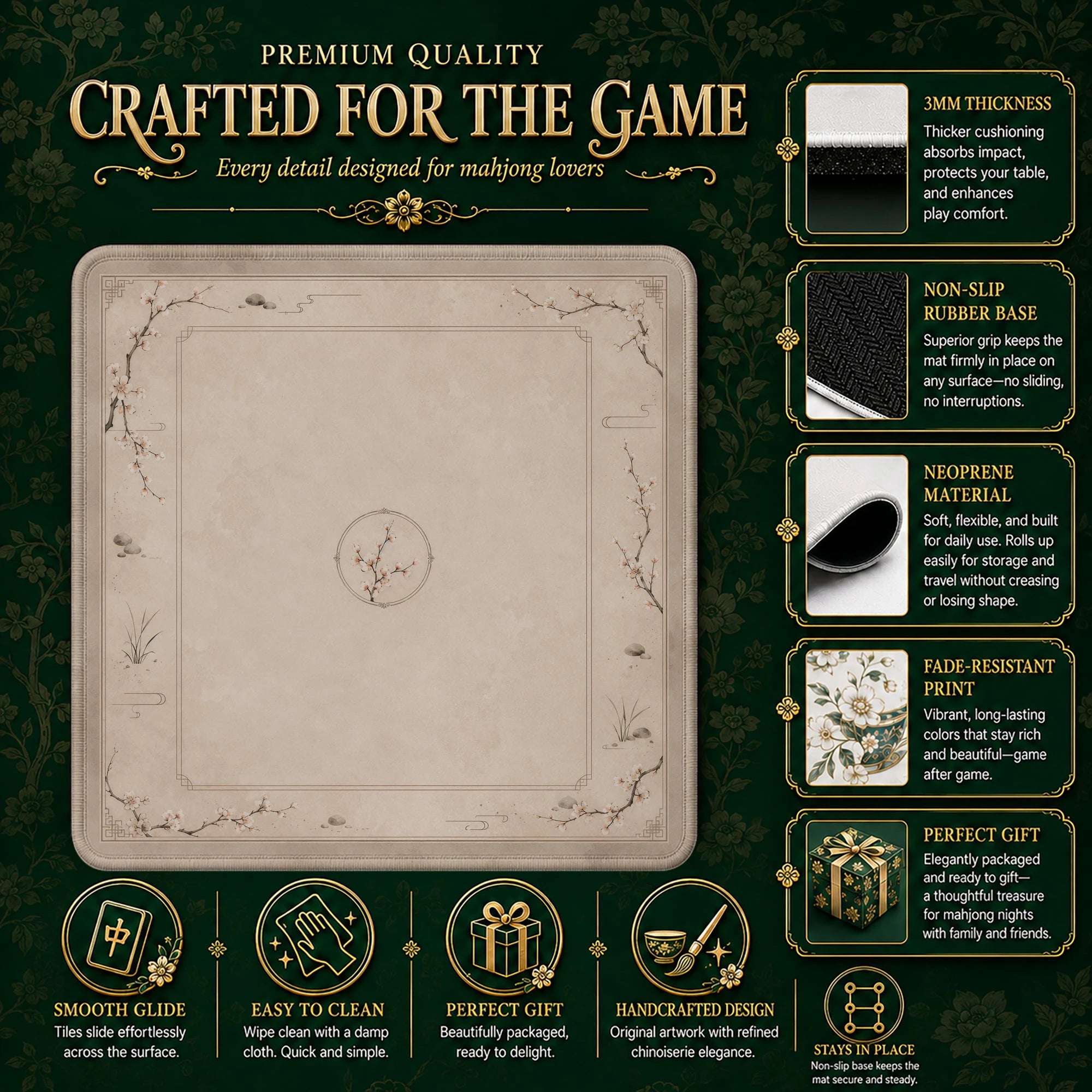 Taupe Chinoiserie Blossom Mahjong Mat - Mahjong