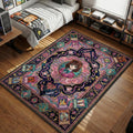 Téa Gardner portrait surrounded by tea cups and Magician of Faith cards in floral fantasy art style area rug and floor mat