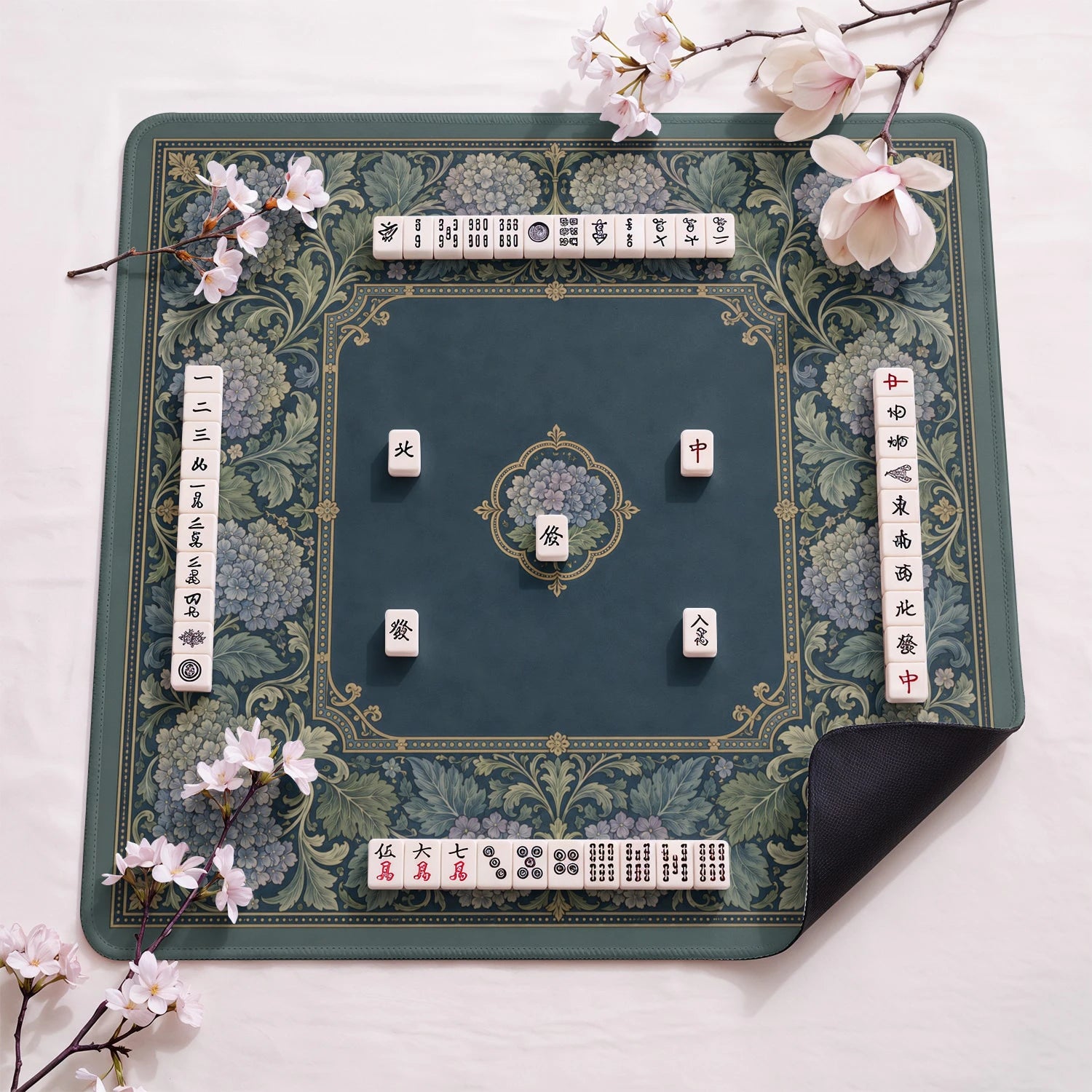 Teal Damask Hydrangea Mahjong Mat - Mah Jongg Mat