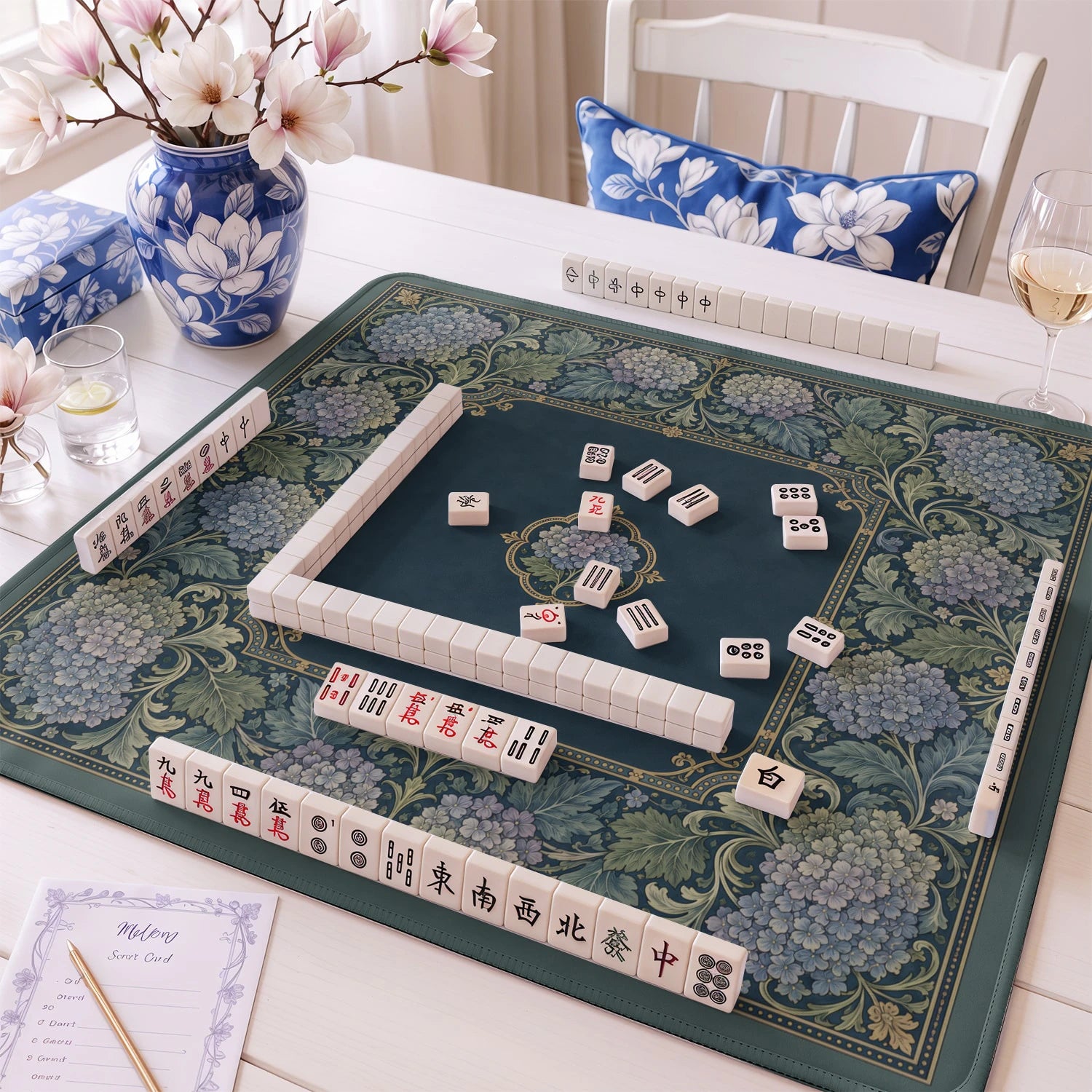 Teal Damask Hydrangea Mahjong Mat - Mah Jongg Mat