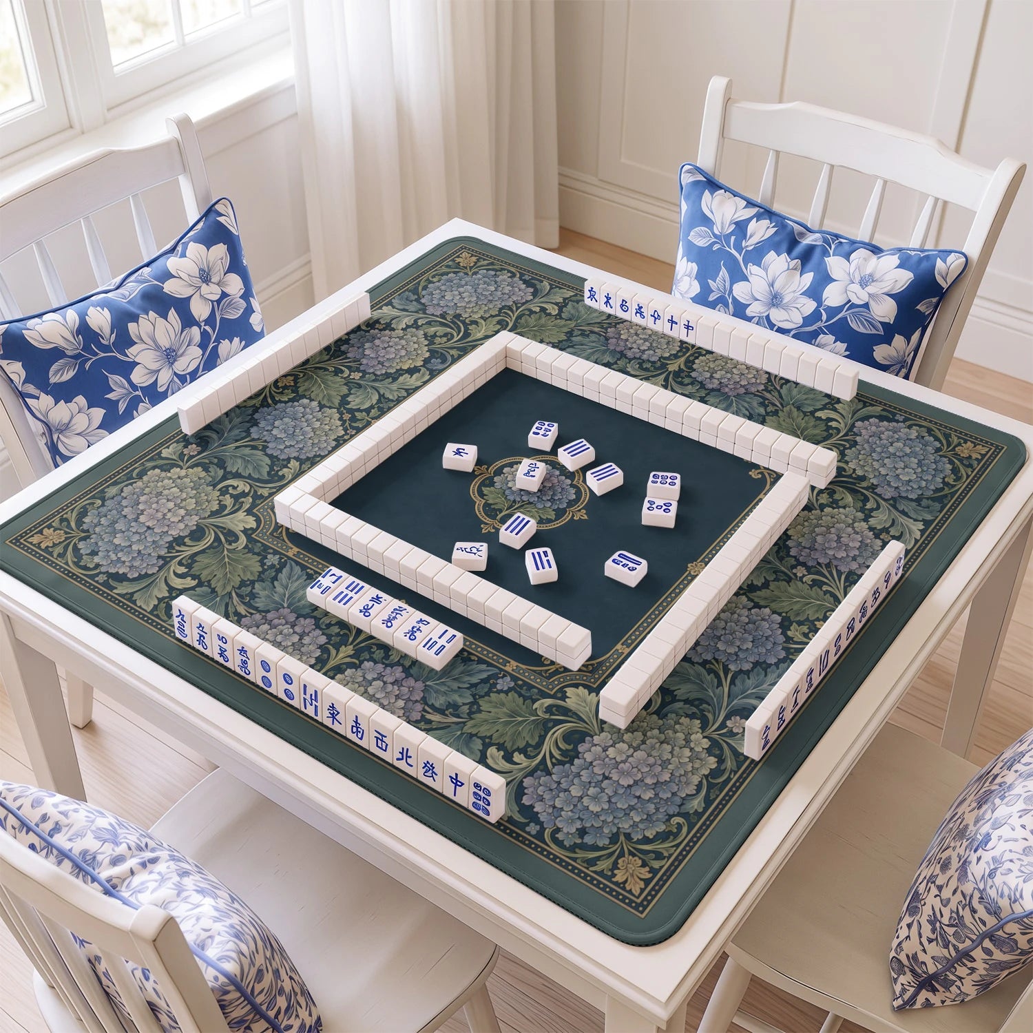 Teal Damask Hydrangea Mahjong Mat - Mah Jongg Mat