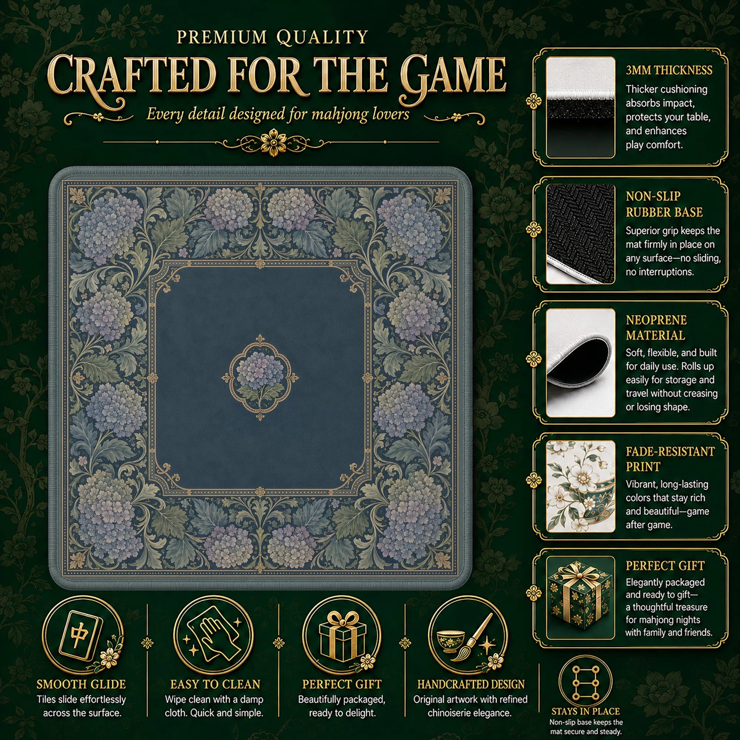 Teal Damask Hydrangea Mahjong Mat - Mah Jongg Mat