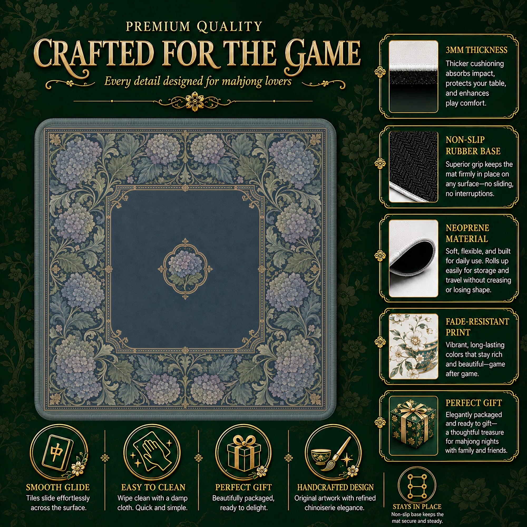 Teal Damask Hydrangea Mahjong Mat - Mah Jongg Mat