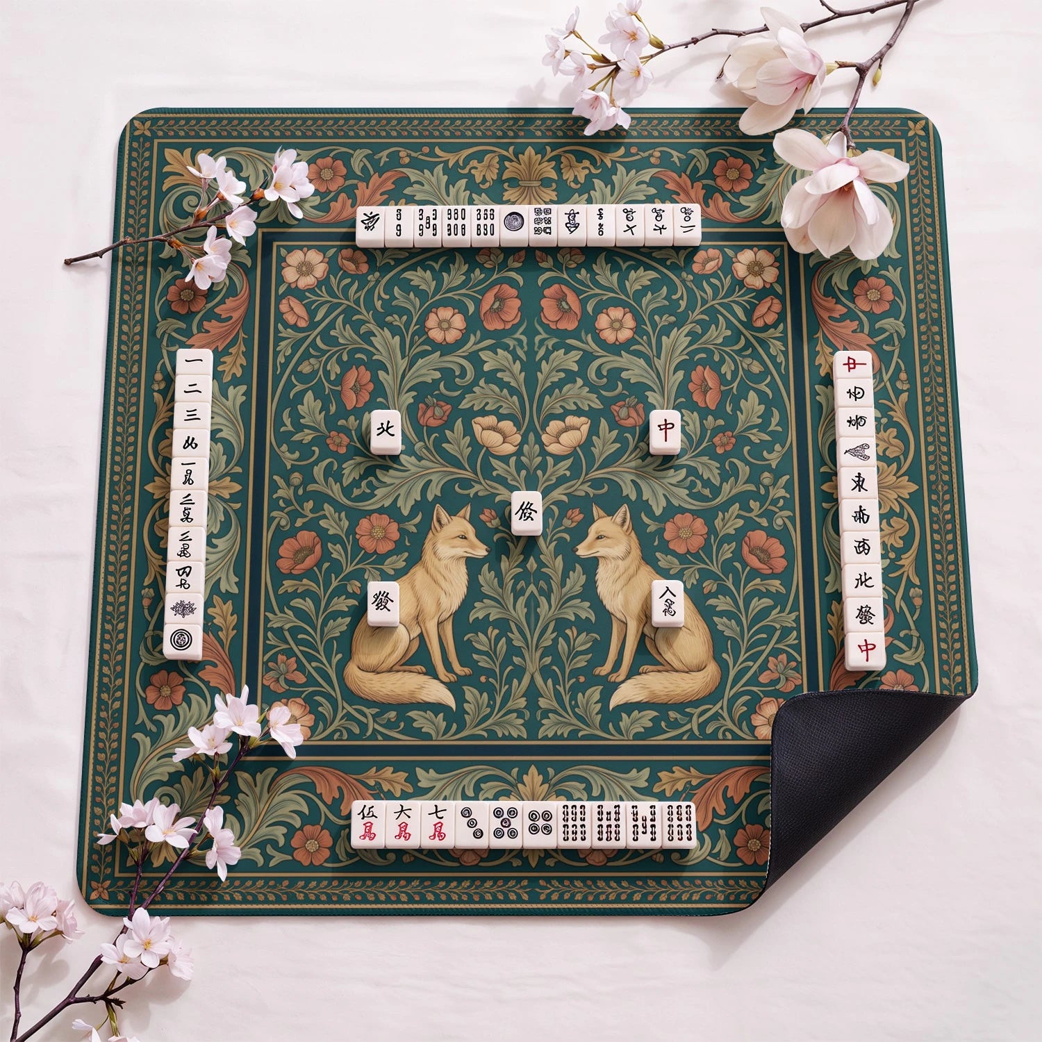 Teal Fox Morris design close-up on mahjong mat surface
