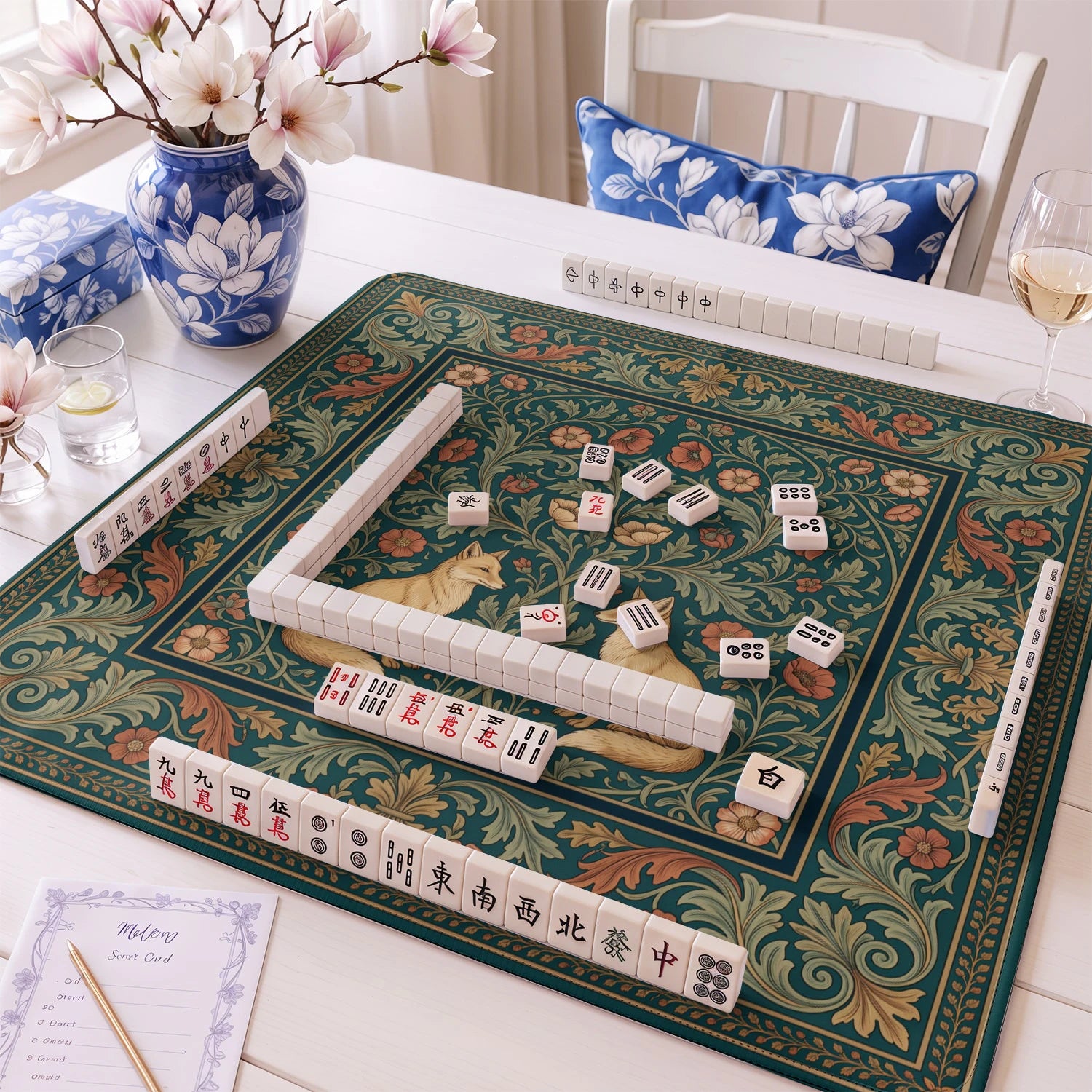 Teal Fox Morris mahjong mat – M (60x60 cm) and L (81x81 cm) sizes