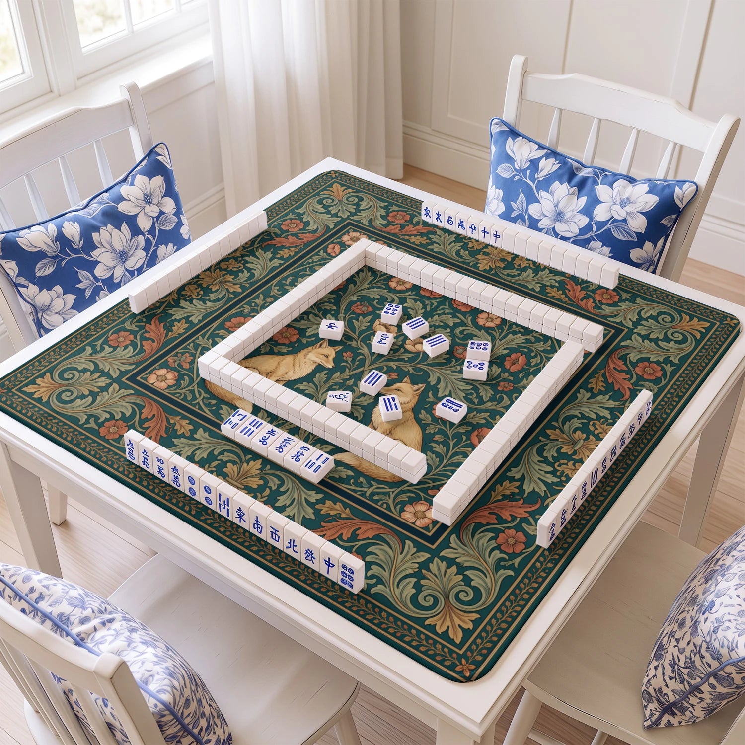 Teal Fox Morris mahjong mat with tiles and racks on the table
