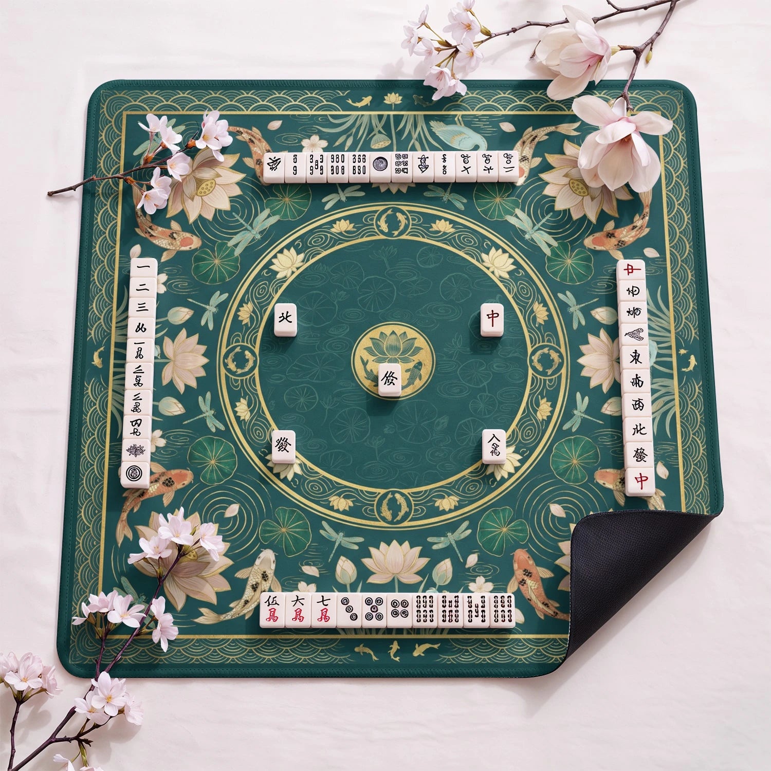 Teal Koi Chinoiserie Mahjong Mat - Mahjong Mat