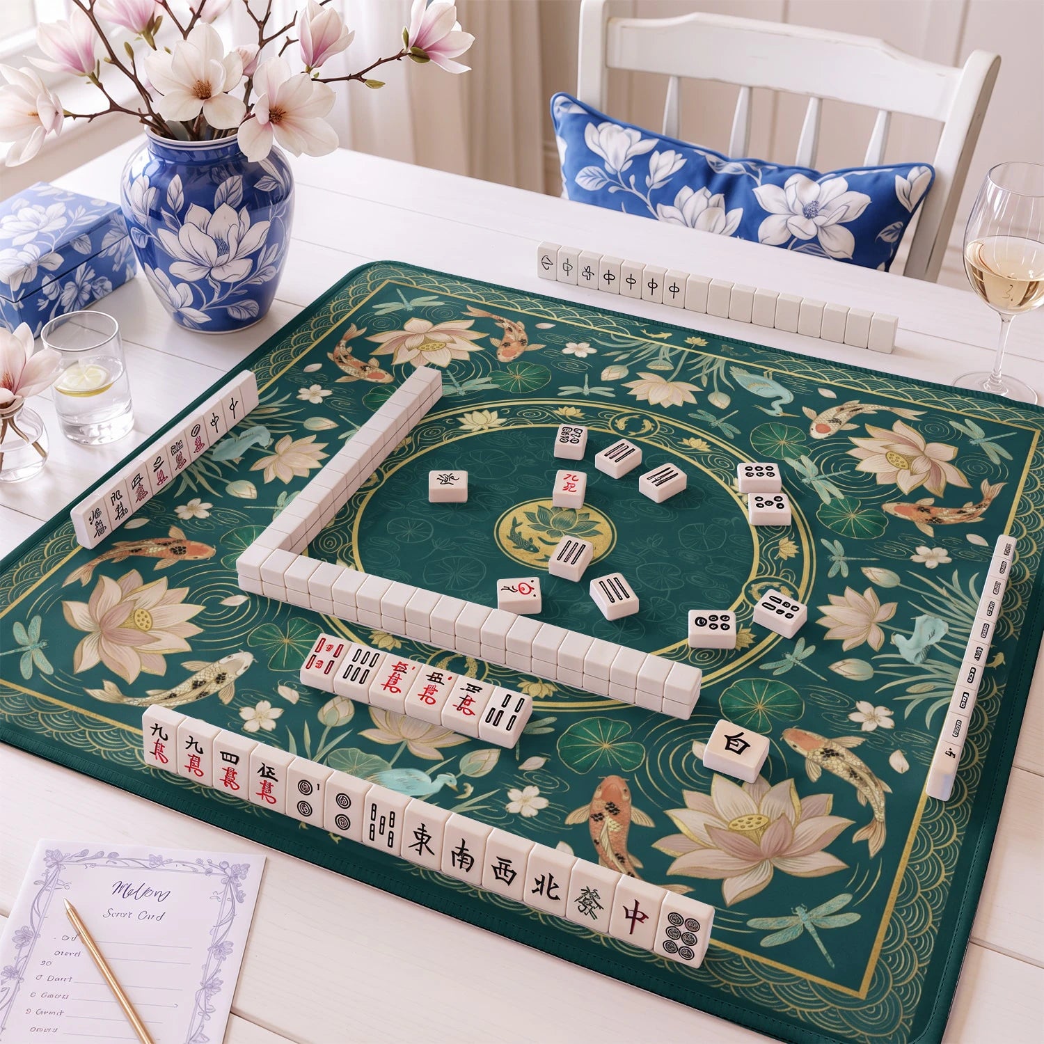 Teal Koi Chinoiserie Mahjong Mat - Mahjong Mat