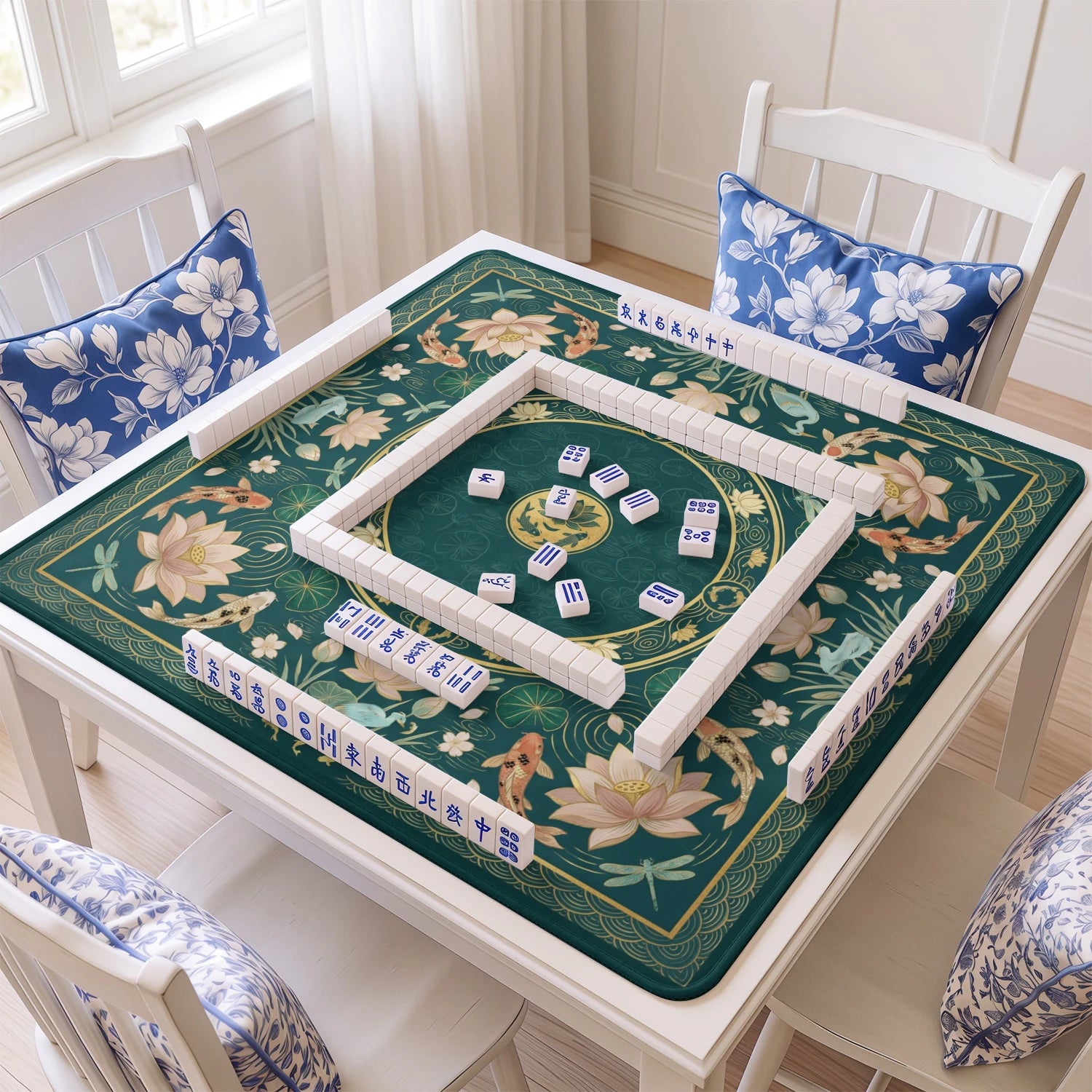Teal Koi Chinoiserie Mahjong Mat - Mahjong Mat
