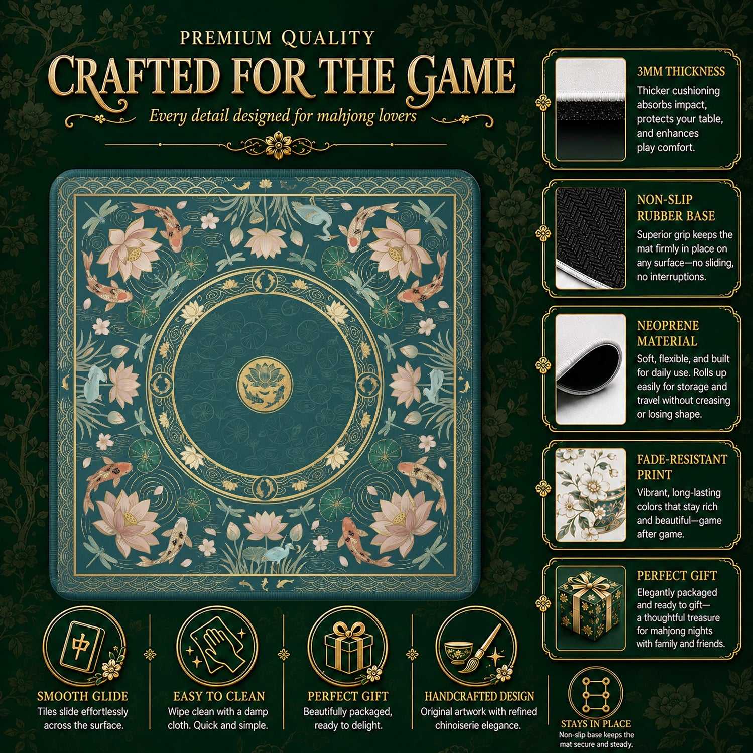 Teal Koi Chinoiserie Mahjong Mat - Mahjong Mat
