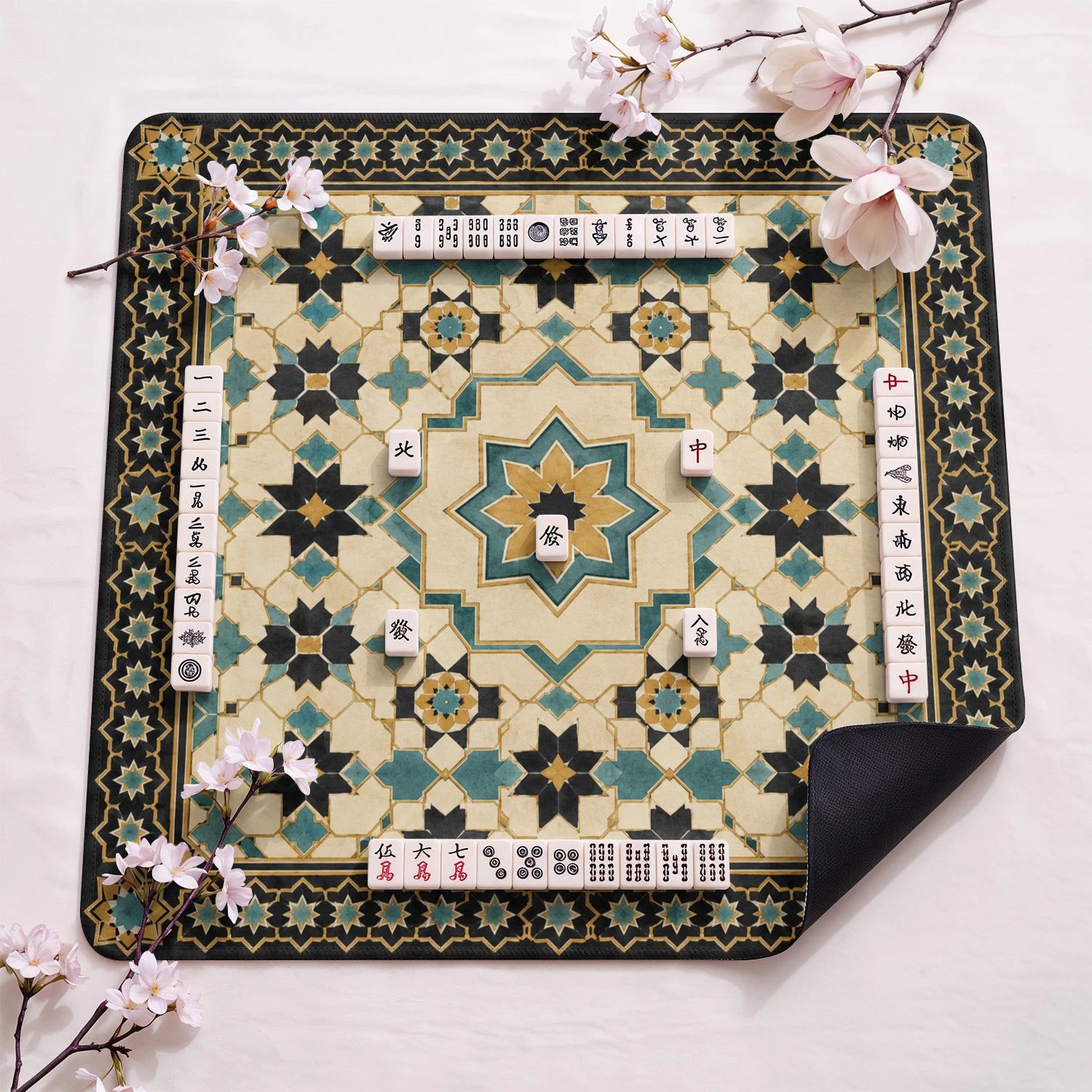 Teal Moroccan Star design close-up on mahjong mat surface