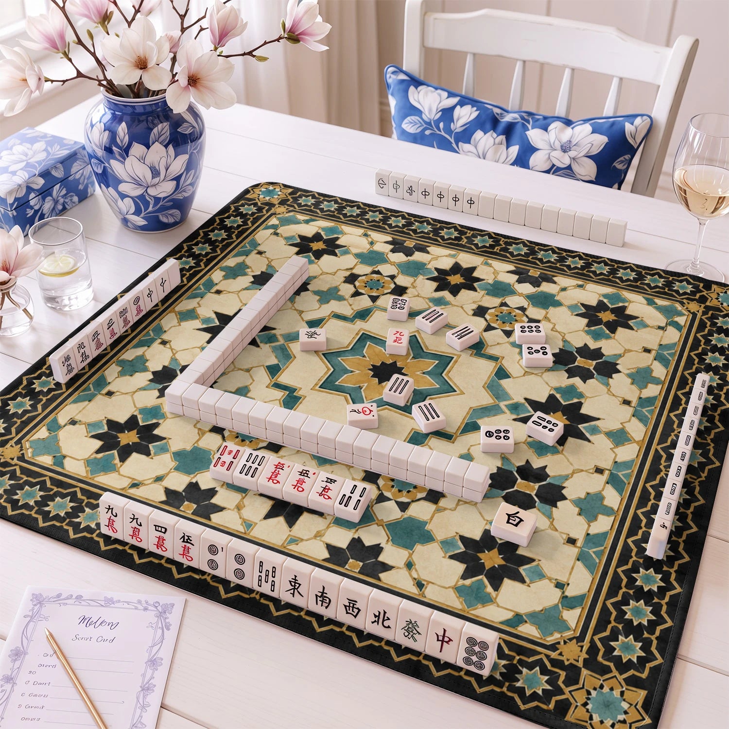 Teal Moroccan Star mahjong mat – M (60x60 cm) and L (81x81 cm) sizes