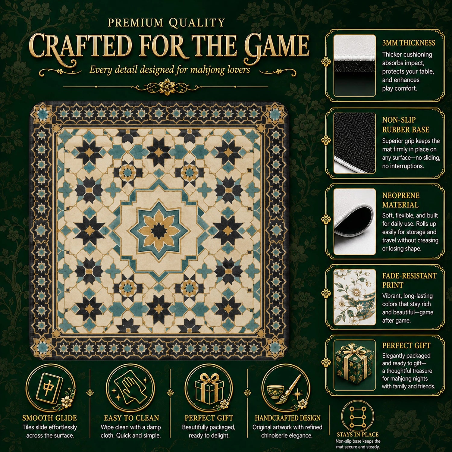 Teal Moroccan Star Mahjong Mat – neoprene mah jongg table mat