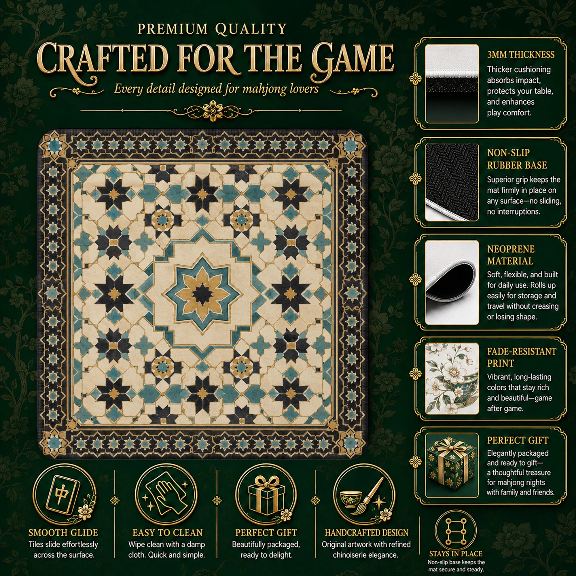 Teal Moroccan Star Mahjong Mat – neoprene mah jongg table mat