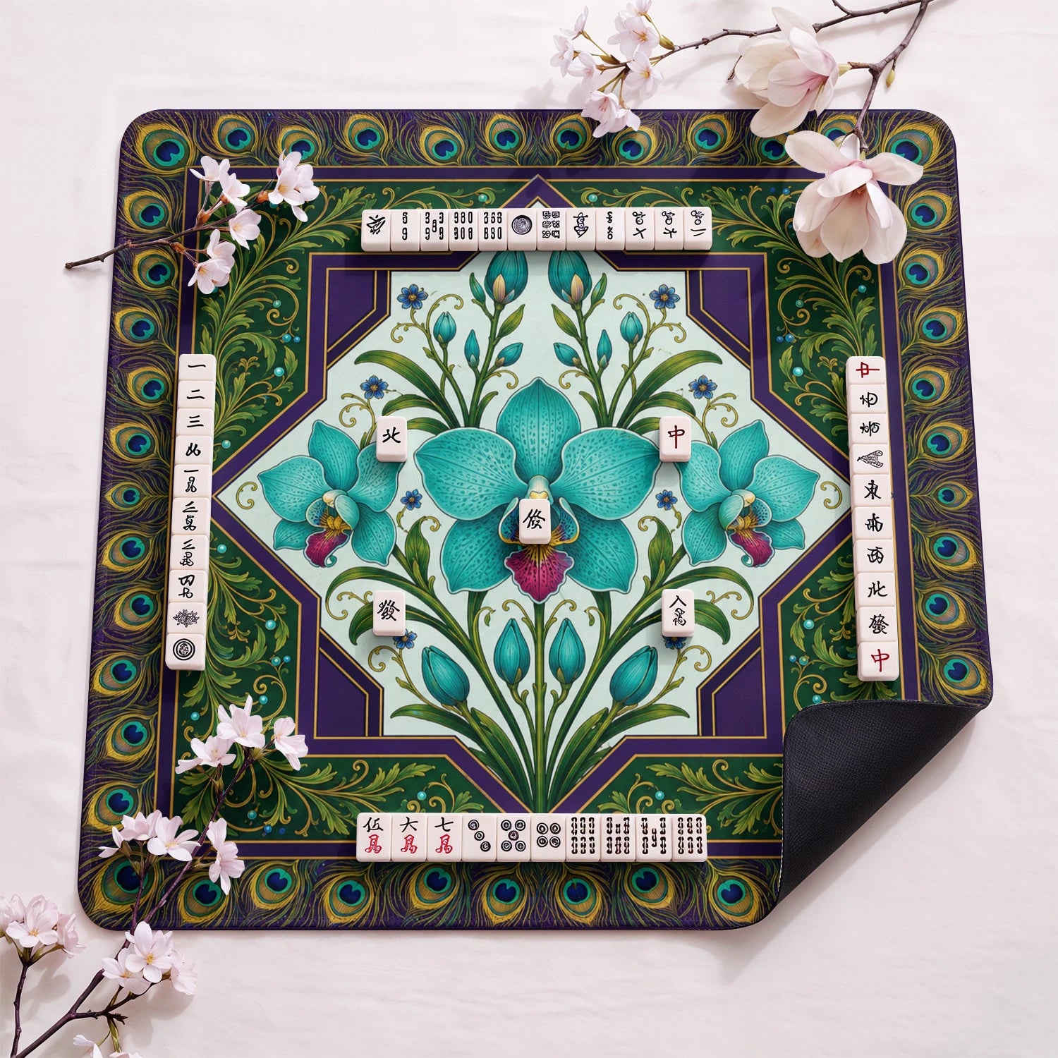 Teal Orchid design close-up on mahjong mat surface