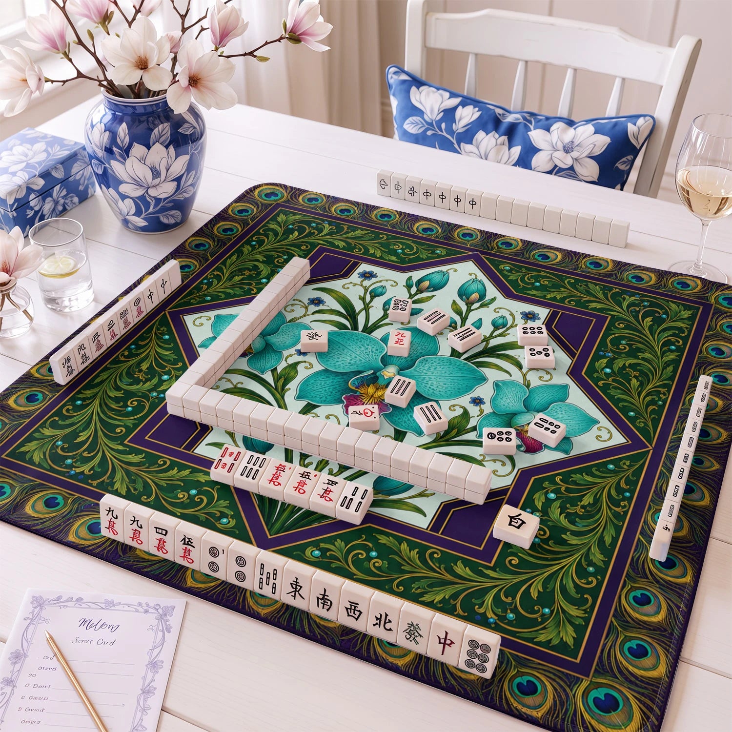 Teal Orchid mahjong mat – M (60x60 cm) and L (81x81 cm) sizes