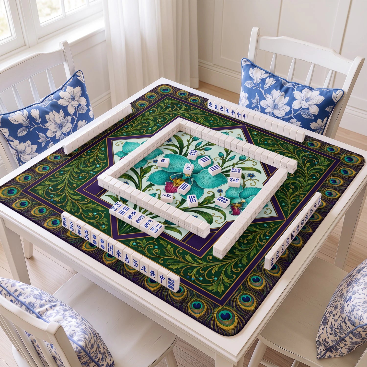 Teal Orchid mahjong mat with tiles and racks on the table