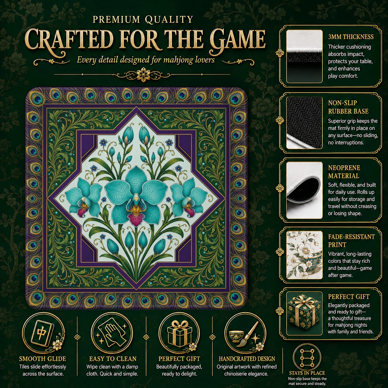 Teal Orchid Mahjong Mat – neoprene mah jongg table mat