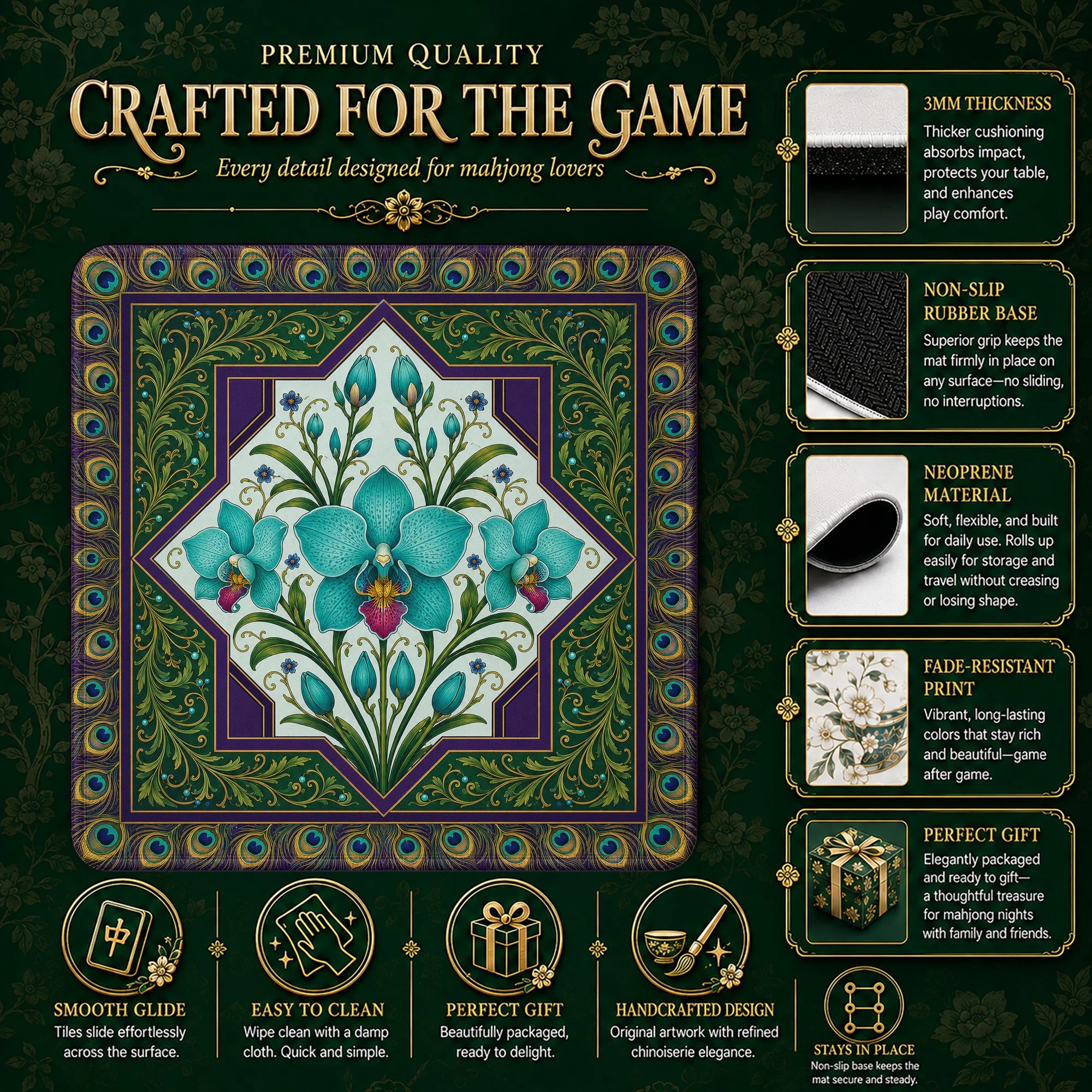 Teal Orchid Mahjong Mat – neoprene mah jongg table mat