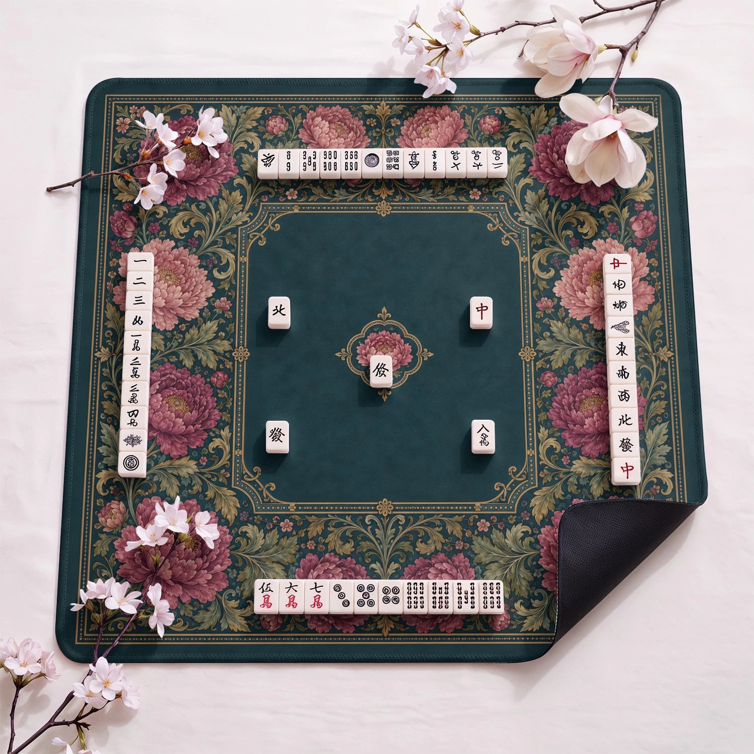 Teal Peony Tapestry Mahjong Mat - Mah Jongg Mat