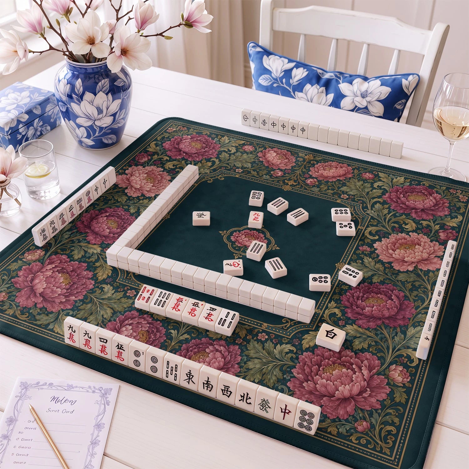 Teal Peony Tapestry Mahjong Mat - Mah Jongg Mat