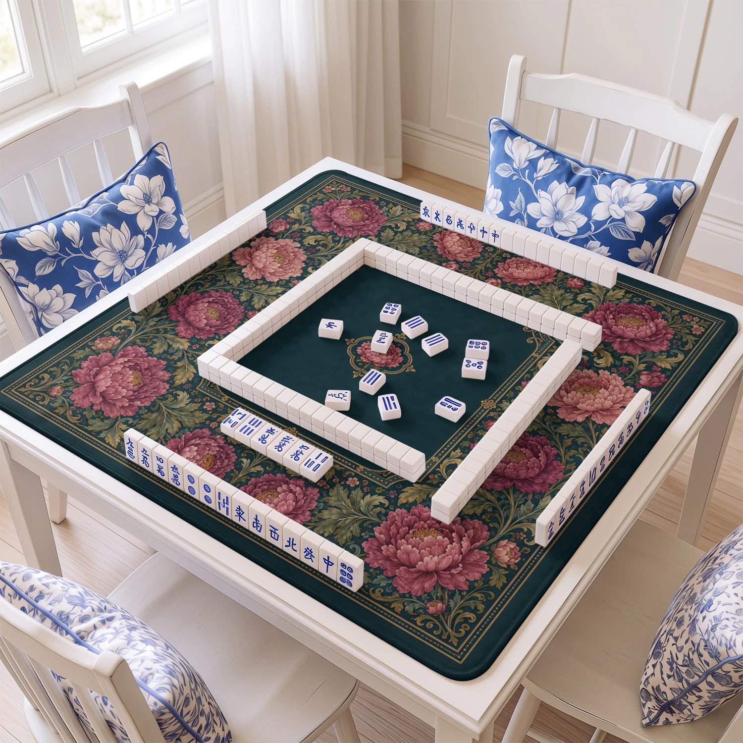 Teal Peony Tapestry Mahjong Mat - Mah Jongg Mat