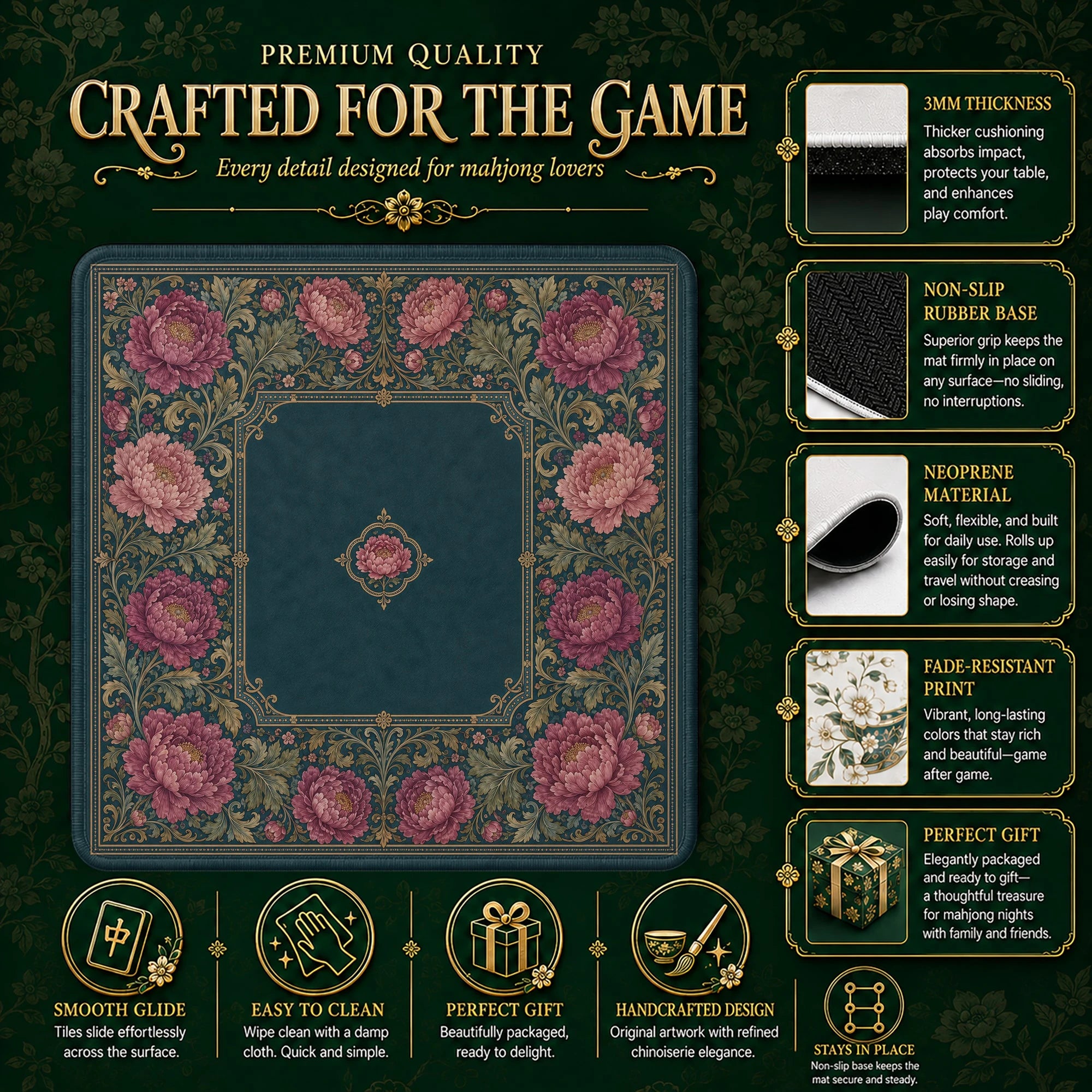 Teal Peony Tapestry Mahjong Mat - Mah Jongg Mat