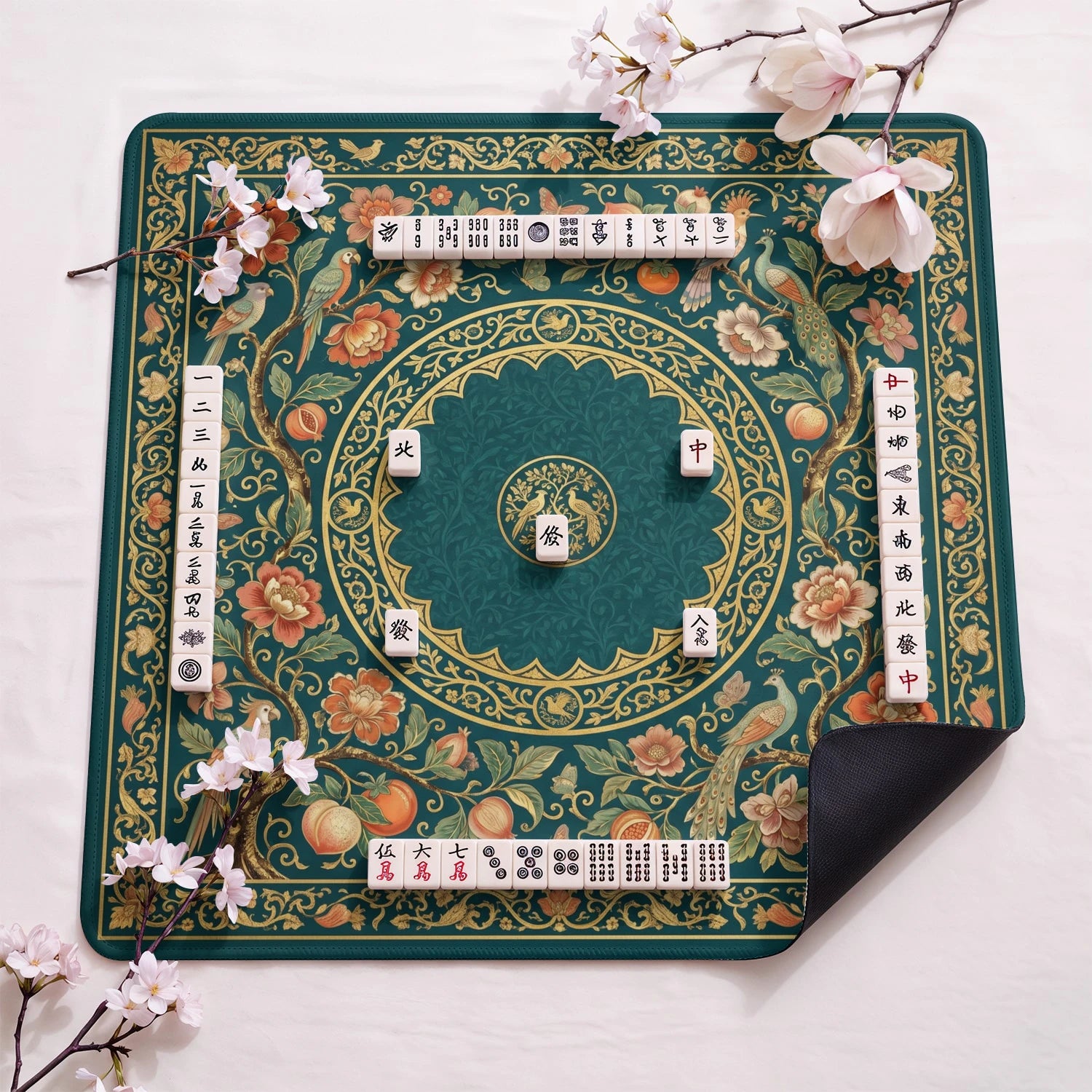 Teal Persian Aviary Mahjong Mat - Mah Jongg Mat