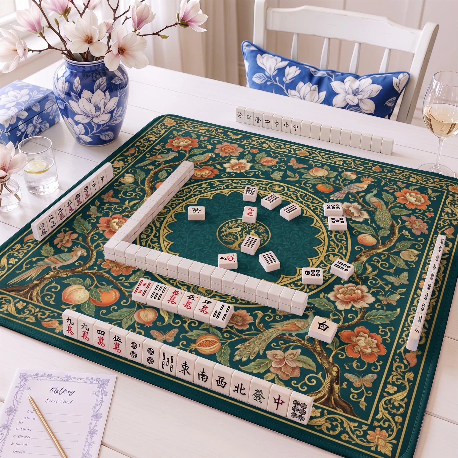 Teal Persian Aviary Mahjong Mat - Mah Jongg Mat
