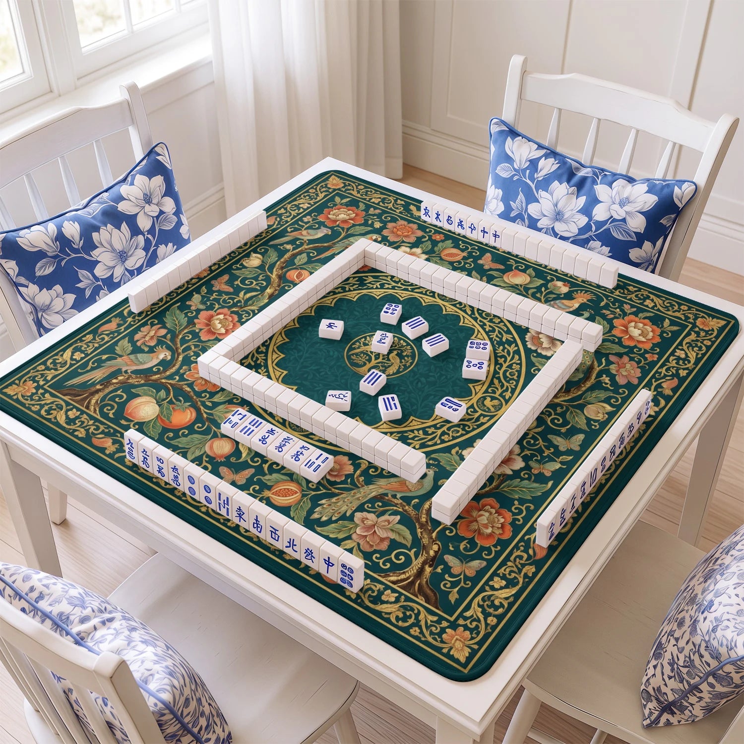 Teal Persian Aviary Mahjong Mat - Mah Jongg Mat