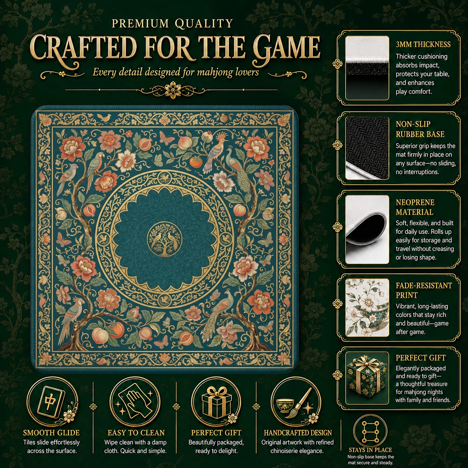 Teal Persian Aviary Mahjong Mat - Mah Jongg Mat