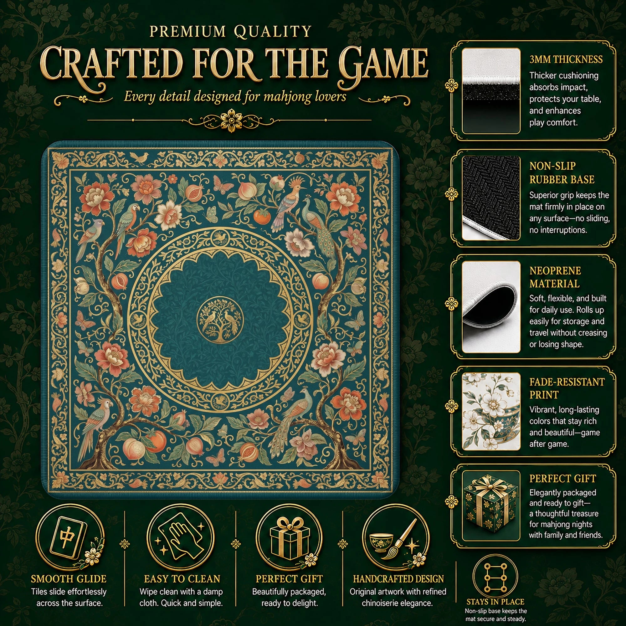 Teal Persian Aviary Mahjong Mat - Mah Jongg Mat