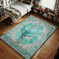 Teal swoosh box rug with Tiffany blue medallion, silver baroque frame, and ribbon border details