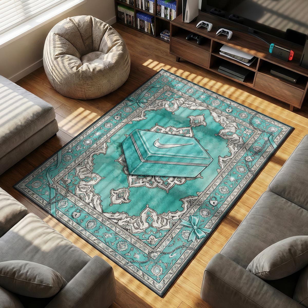 Teal Swoosh Box Baroque Rug - Hypebeast Floor Mat