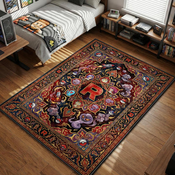 Team Rocket logo surrounded by Jessie James and Meowth in a traditional villainous pattern area rug and floor mat