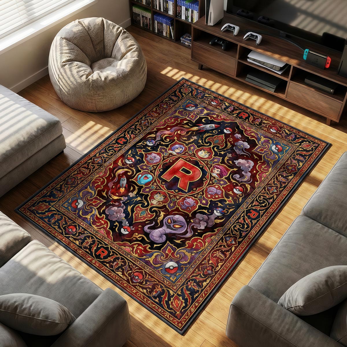 Team Rocket themed area rug for Pokemon fans