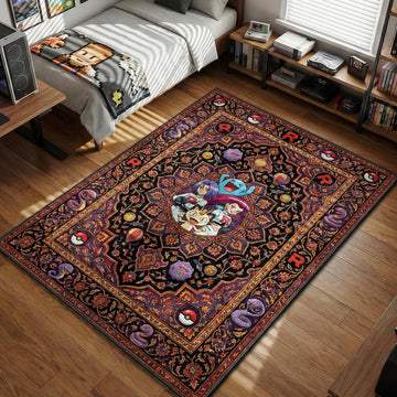 Team Rocket trio Jessie James and Meowth with Wobbuffet in a traditional dark Persian pattern area rug and floor mat