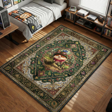 Teemo holding blowgun amidst mushrooms and vines in forest floor art style gaming area rug and floor mat