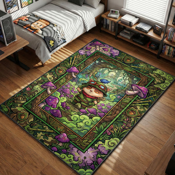 Teemo saluting in magical forest with purple mushrooms and blowgun in cartoon fantasy style gaming area rug and floor mat