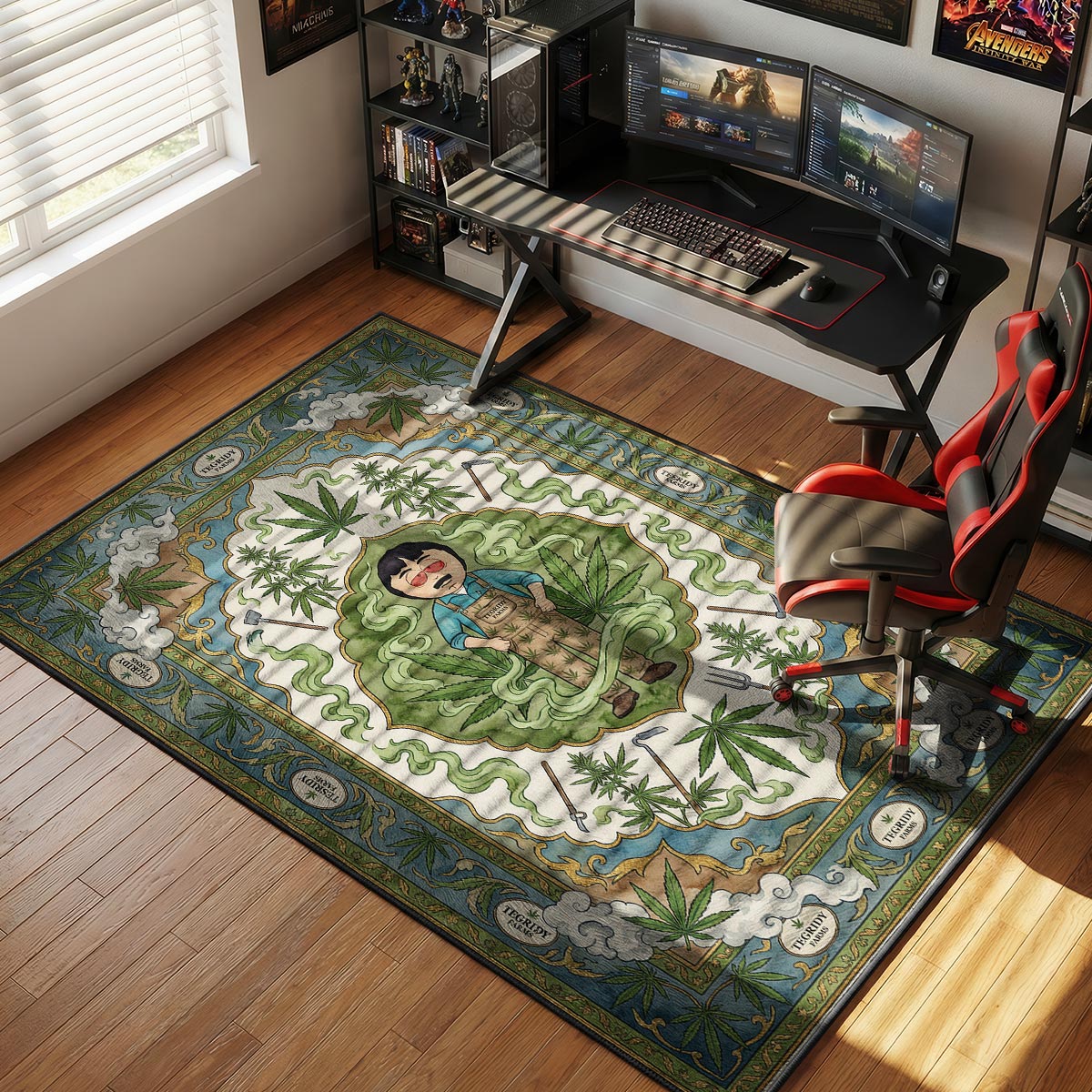 Tegridy Farms rug placed in a living room beside a brown leather couch with plants nearby