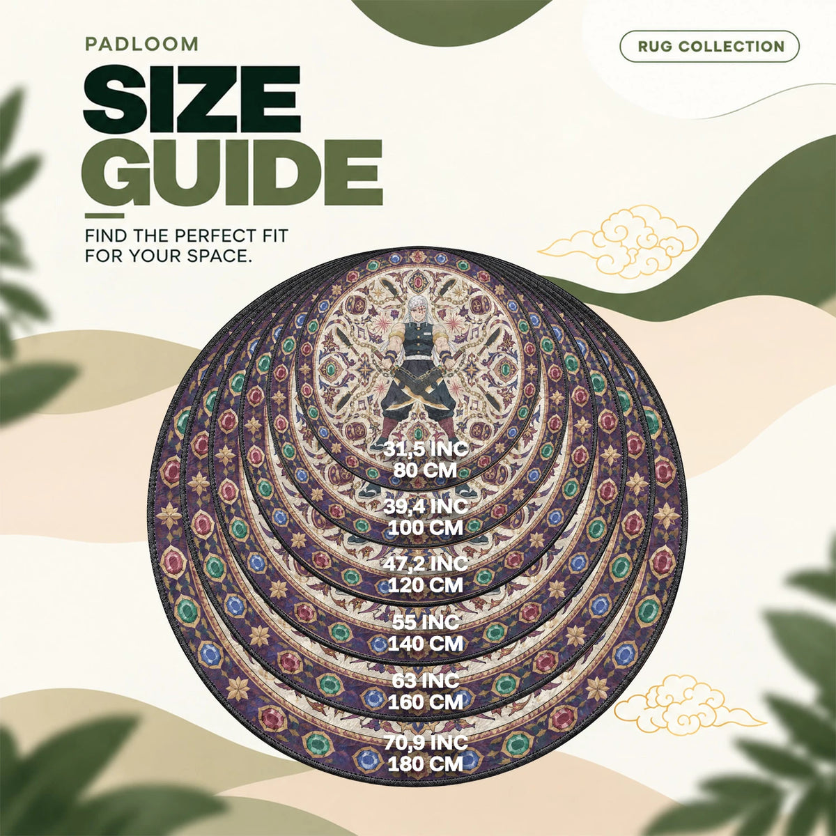 Tengen Chained round rug size guide, 80 to 180 cm (31.5 to 70.9 in)