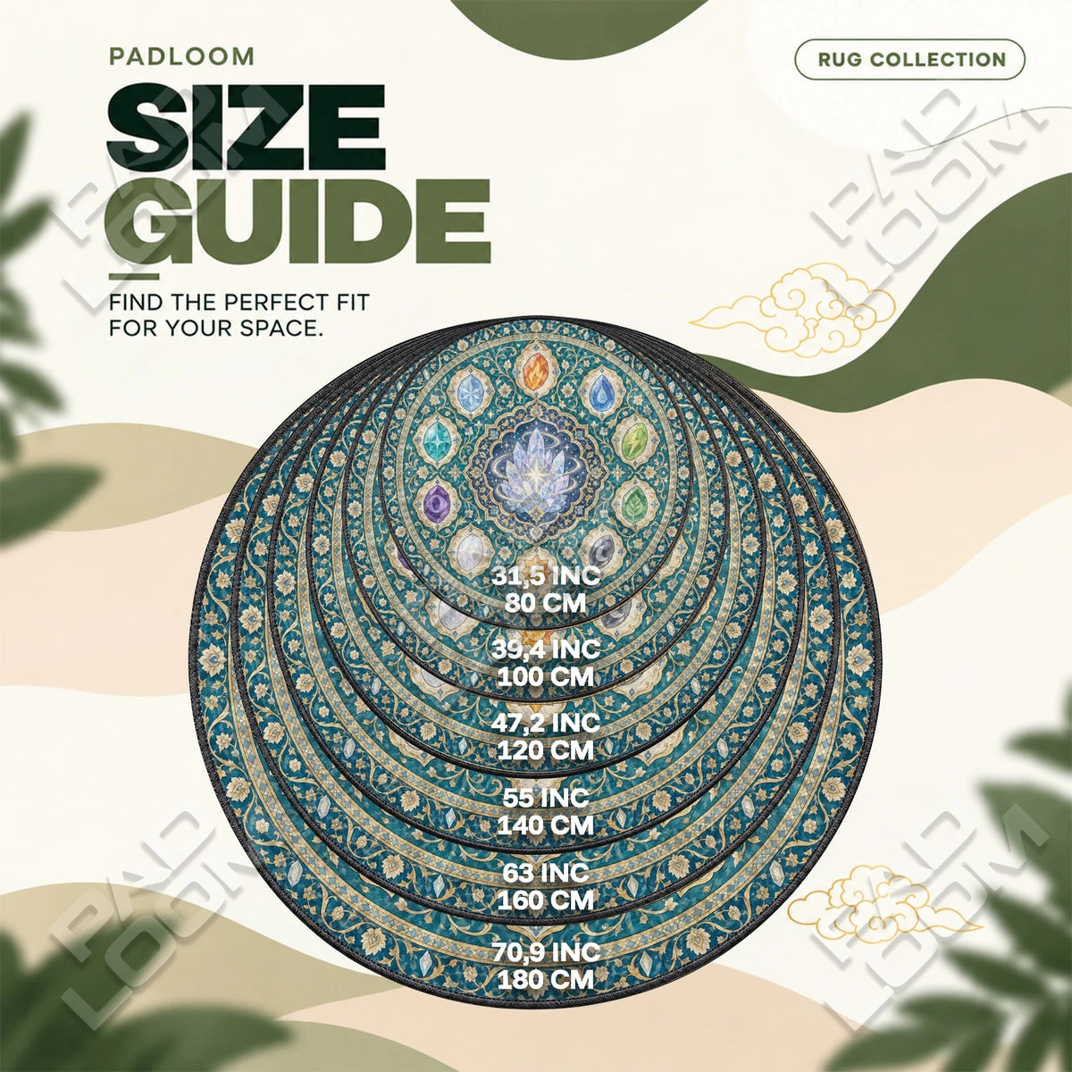 Tera Crystal Medallion round rug size guide, 80 to 180 cm (31.5 to 70.9 in)