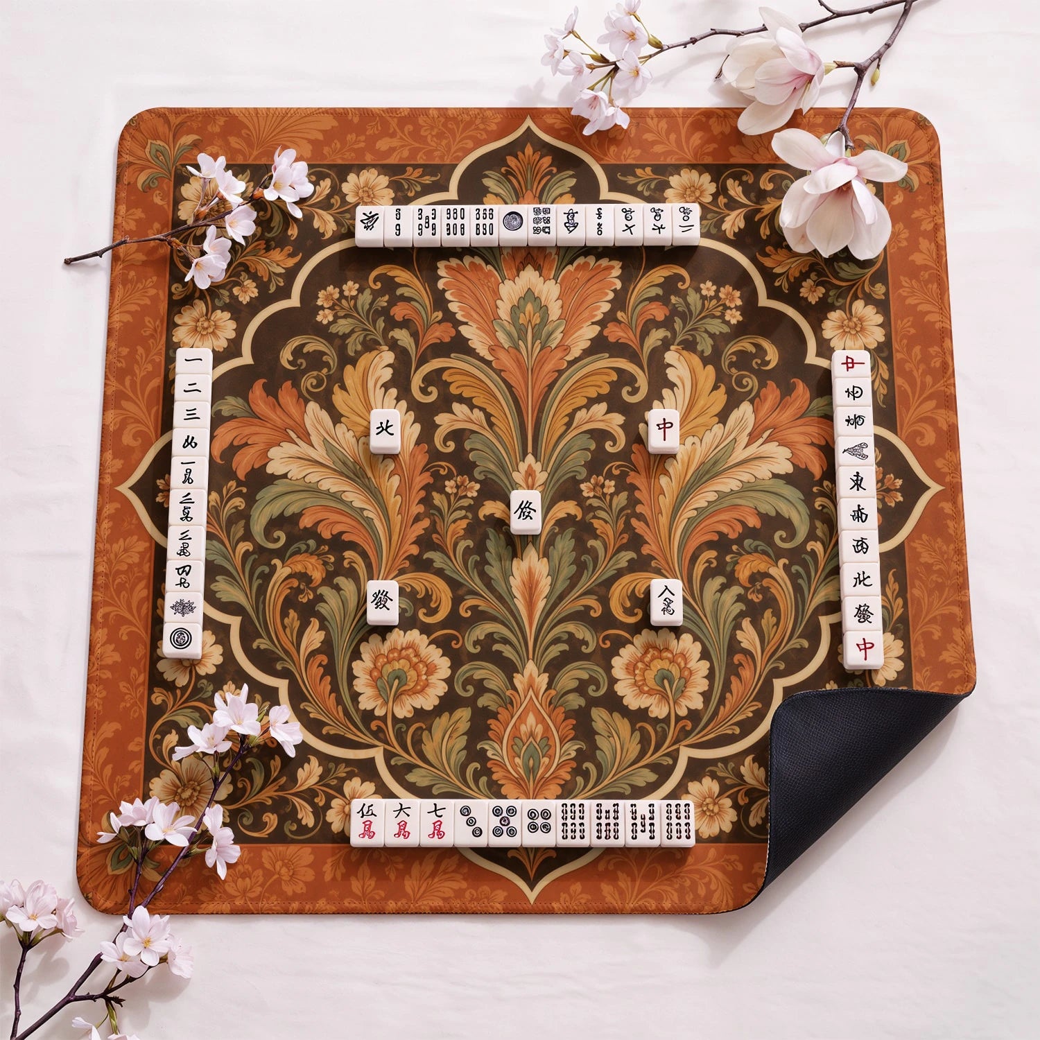 Terracotta Damask design close-up on mahjong mat surface