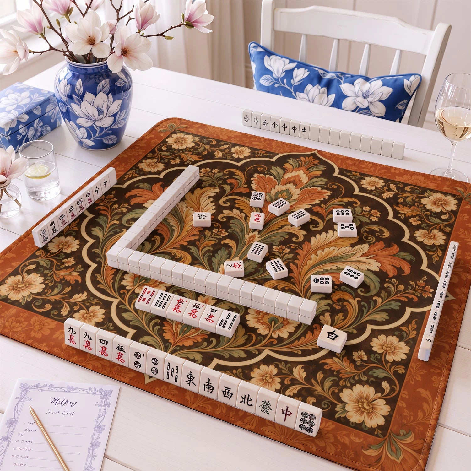 Terracotta Damask mahjong mat – M (60x60 cm) and L (81x81 cm) sizes